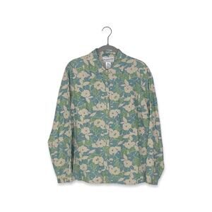 Pendleton Blue and Green 100% Linen Floral Long Sleeve Button Up Blouse